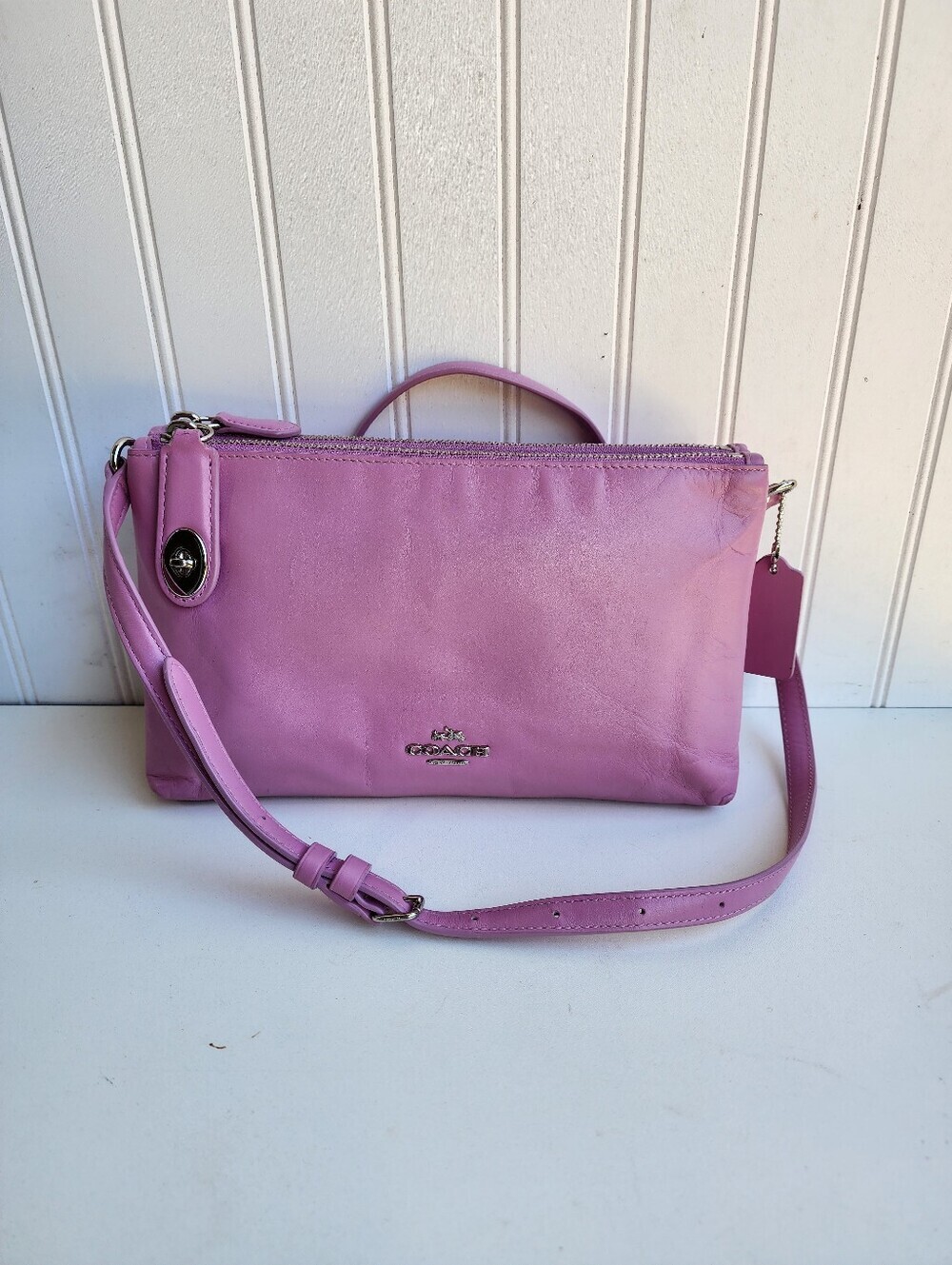 Coach Crosby Crossbody Bag Double Zip Pink Calf Leather 10"x6" - Picture 3 of 16